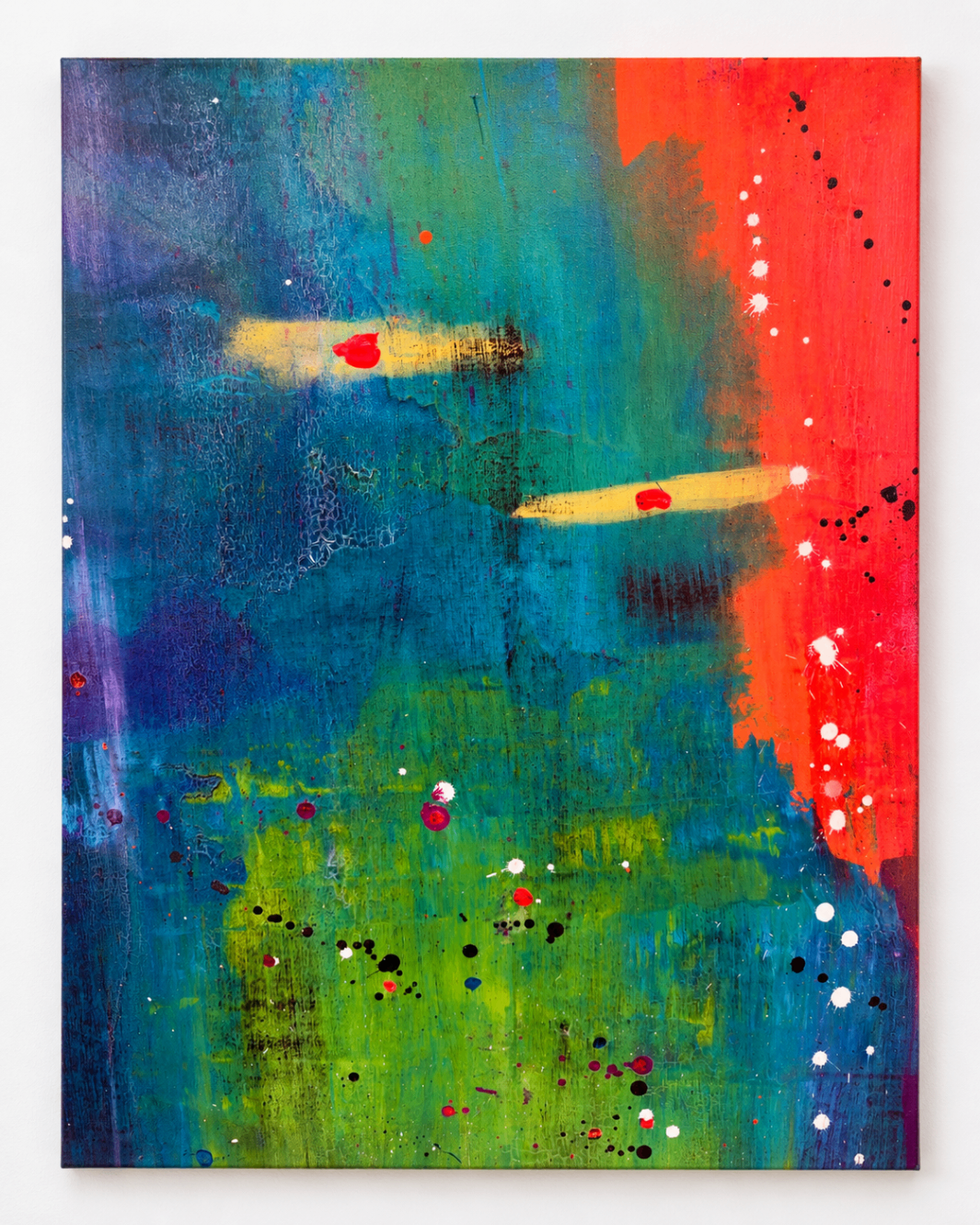 Large-scale abstract painting with flowing red, blue, and green strokes