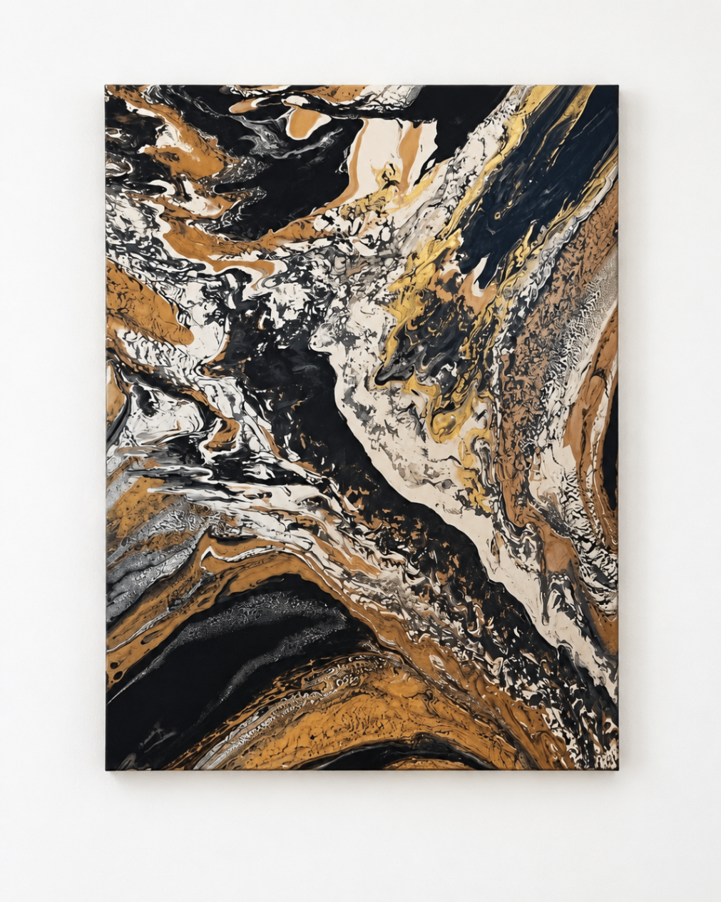 Large fluid abstract painting in black, gold, and white with marble-like veining