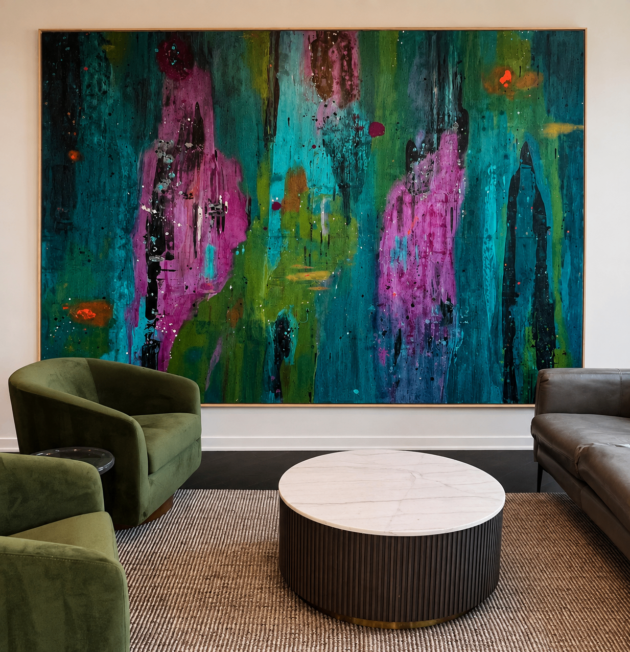 Large teal, magenta, and emerald abstract painting above a round marble coffee table