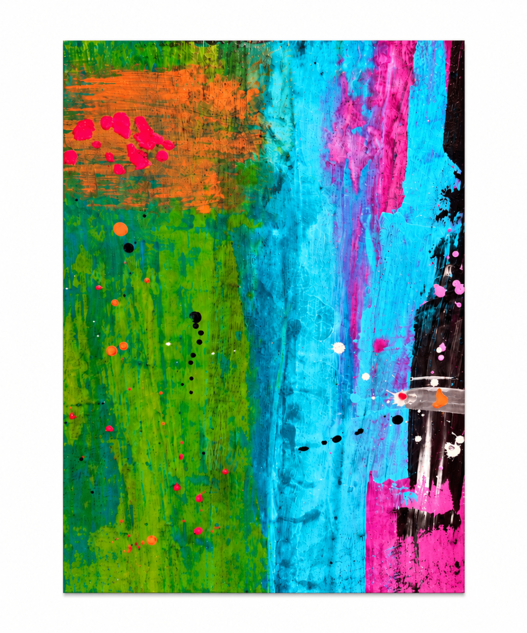 Vertical abstract painting with vivid green, turquoise, pink, and orange color fields