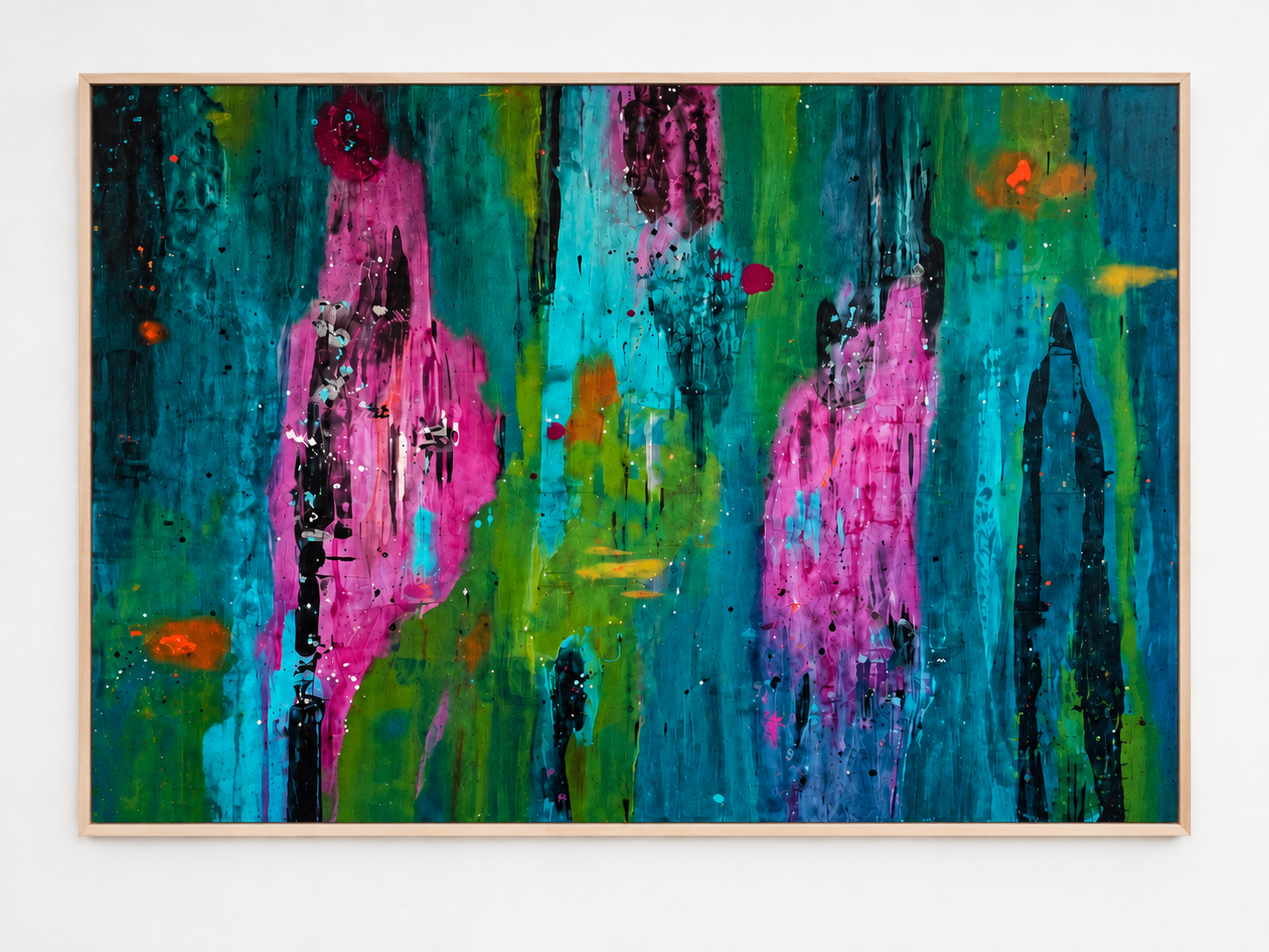 Bold abstract painting with pink, teal, green, and black gestural marks