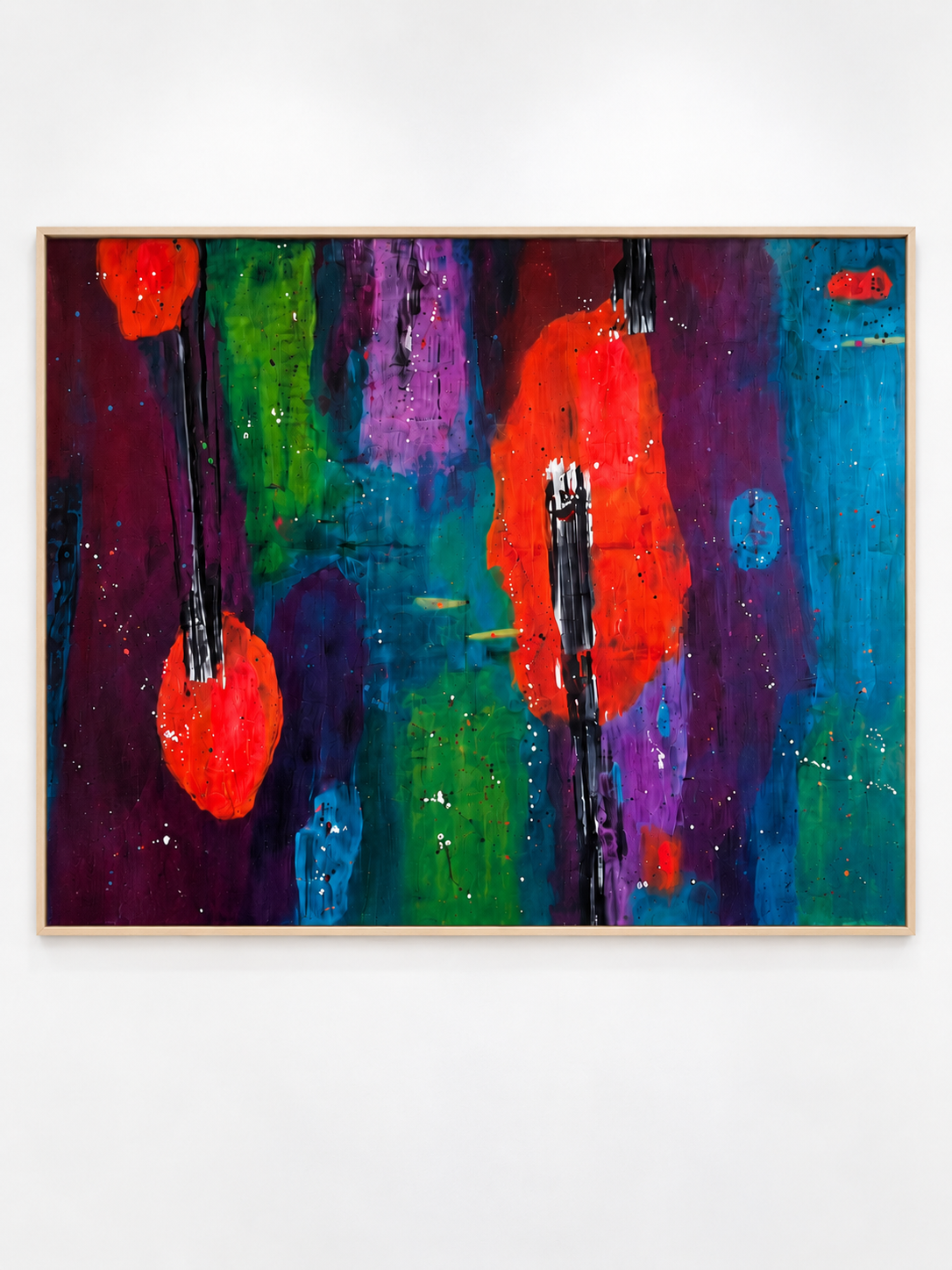 Vibrant abstract painting with red, violet, green, and turquoise vertical color fields