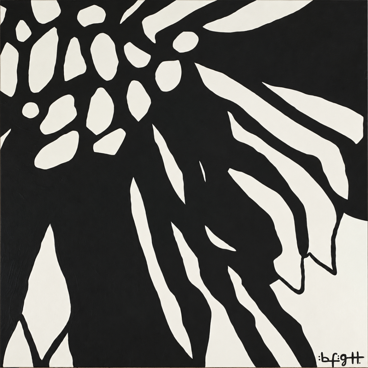 Black and white abstract leaf painting with high-contrast organic forms