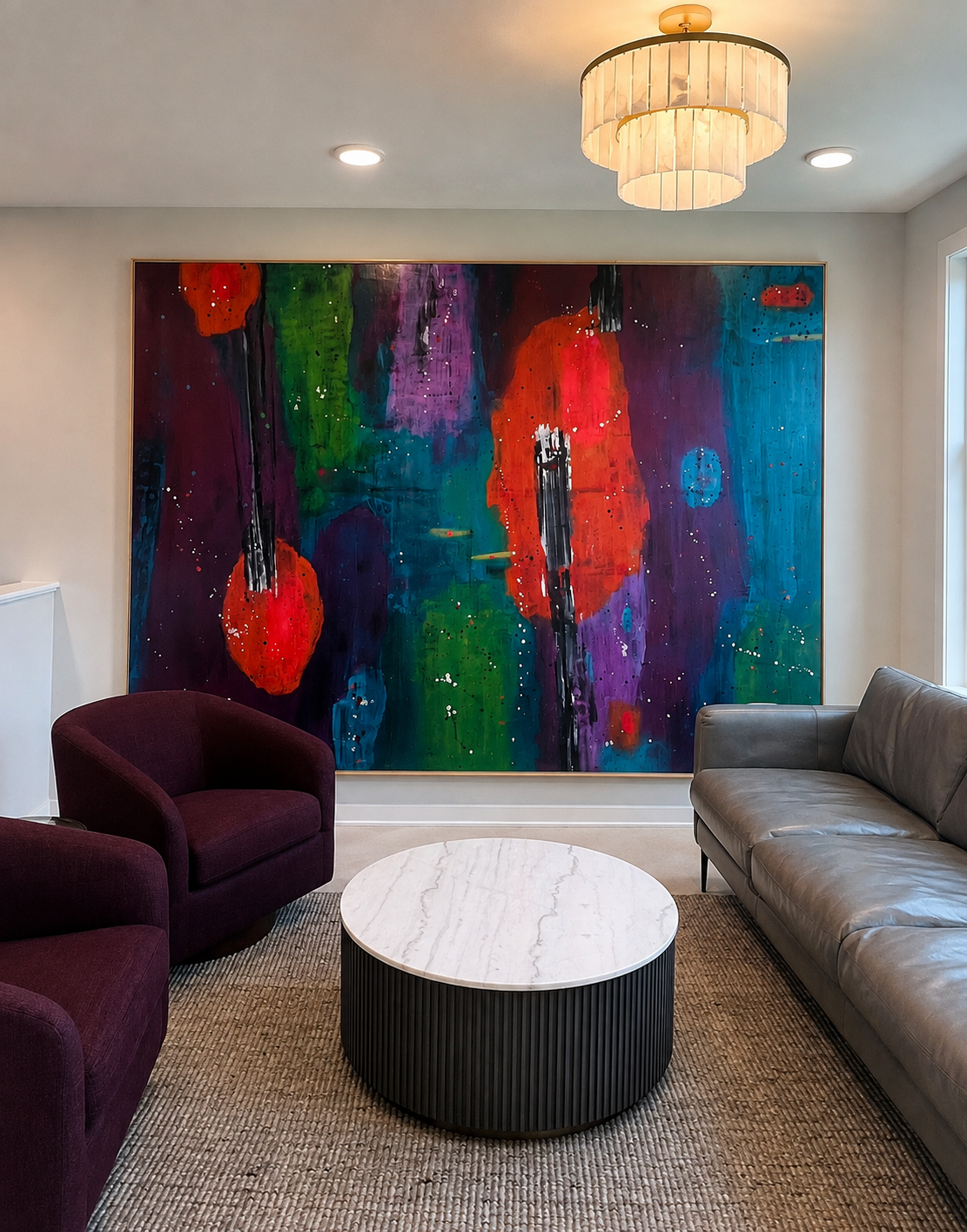 Oversized violet, red, and green abstract painting installed in a contemporary lounge