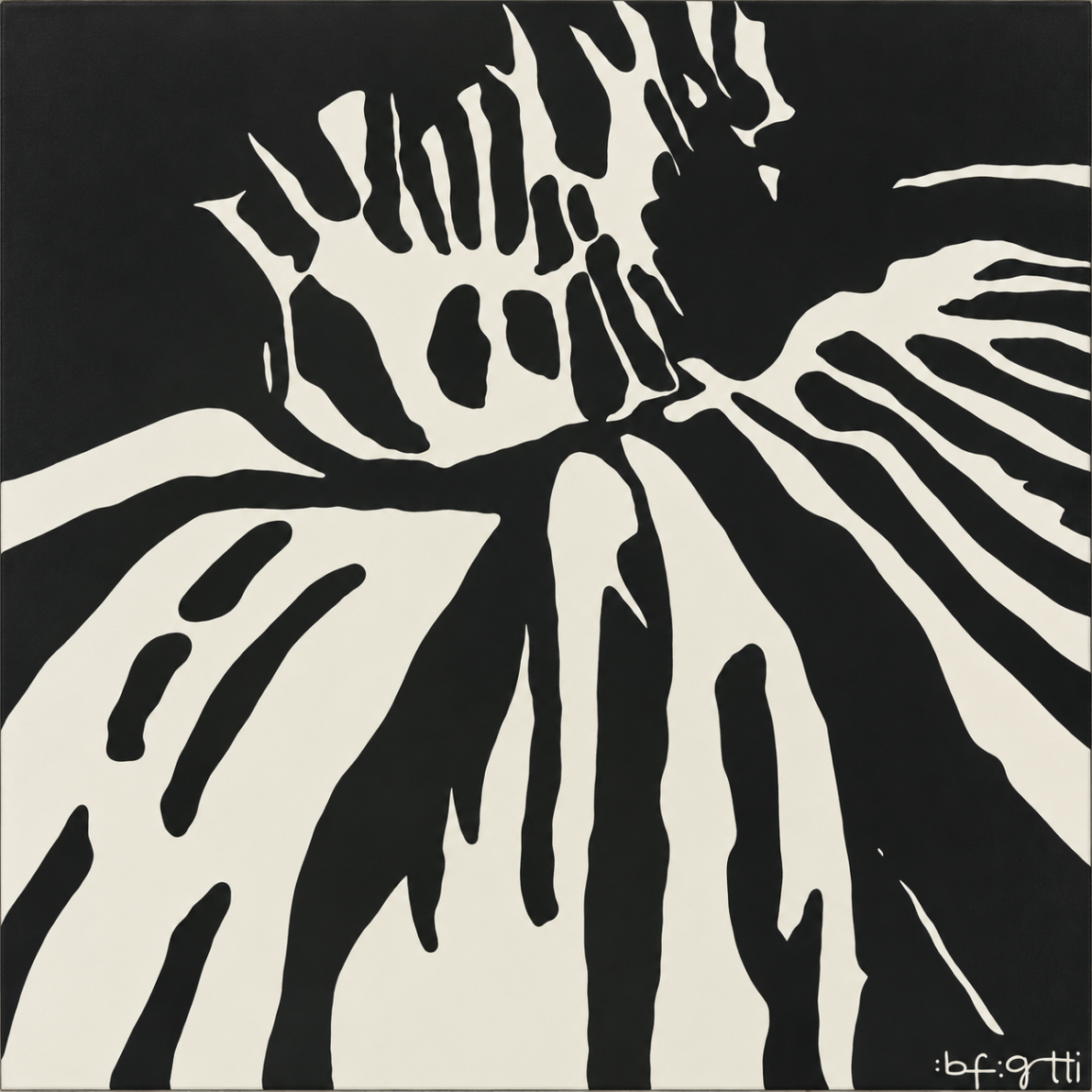 Black and white abstract botanical painting with sweeping leaf silhouettes