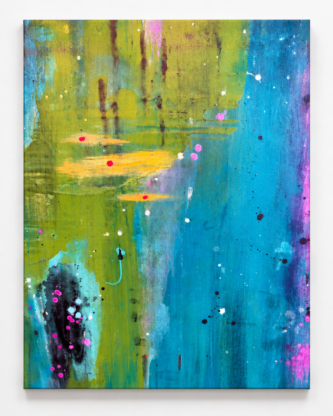Oversized abstract painting with teal, green, and violet expressionist marks