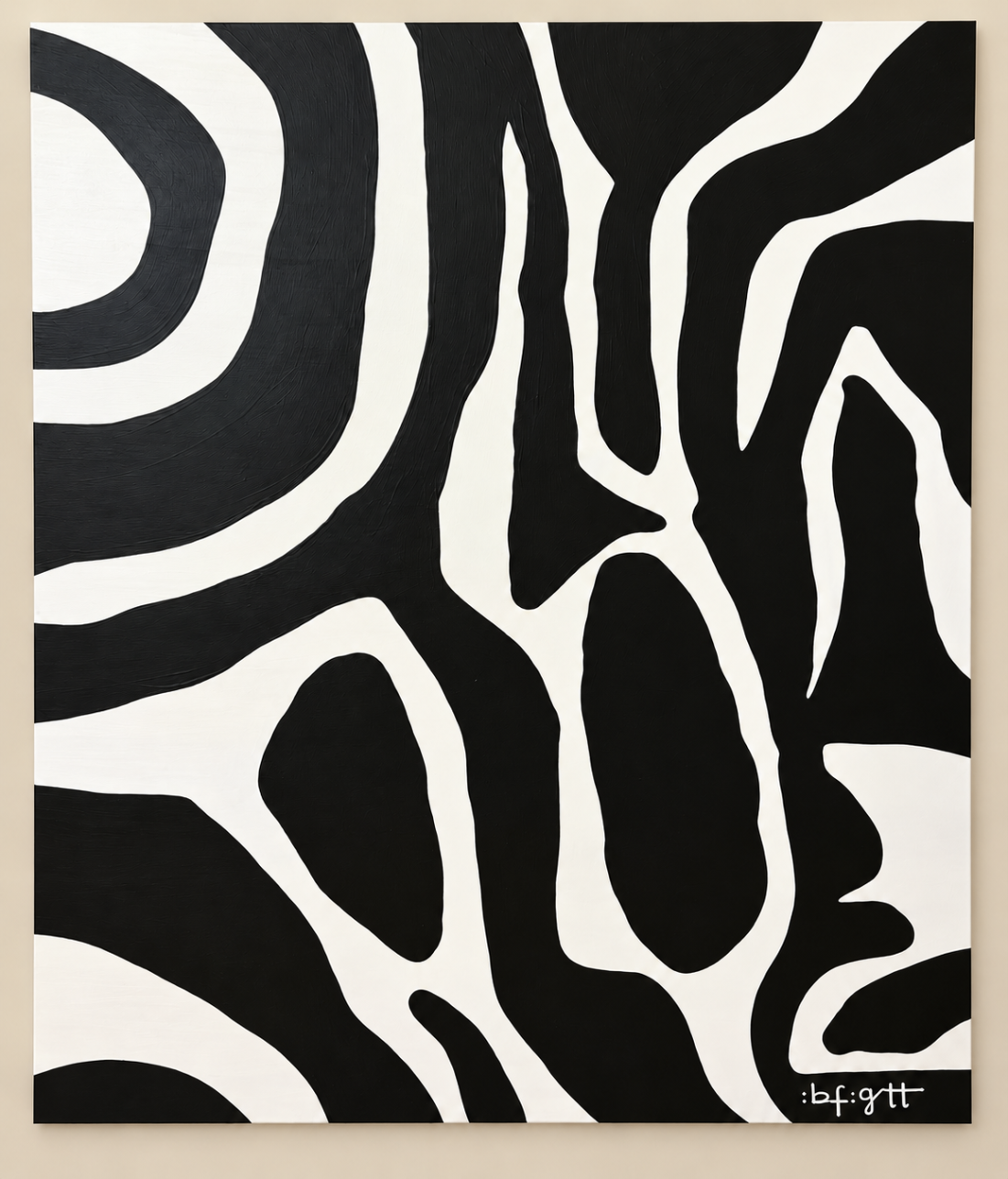 Black and white abstract botanical painting with bold organic shapes