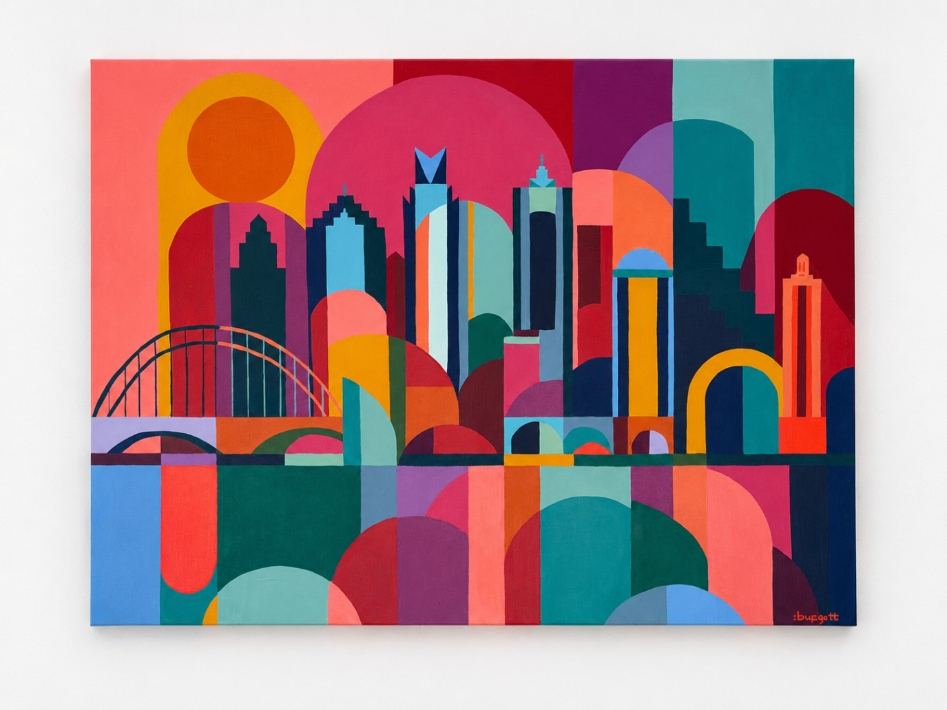 A large geometric abstract cityscape painting with bold arcs and saturated color blocks