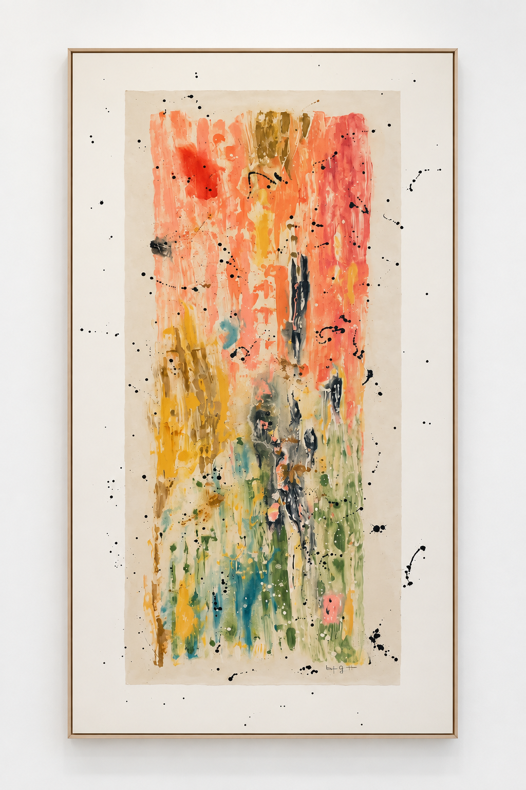 Tall vertical abstract painting in peach, gold, and green watercolor splashes on cream