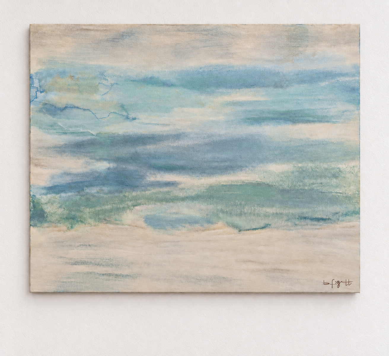 Soft abstract painting in blue, green, and cream with atmospheric washes, signed by the artist